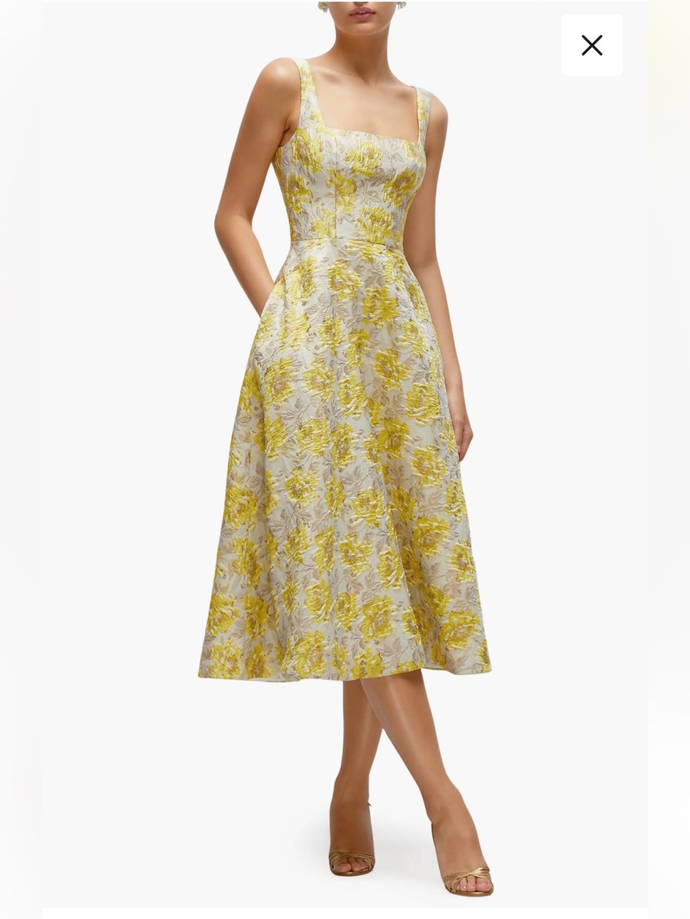 new Dessy Collection Golden yellow jacquard Metallic Floral Midi Cocktail Dress